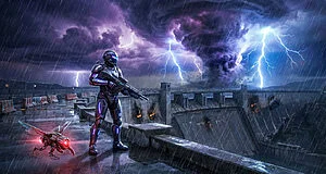Soldat futuriste en armure néon avec fusil, drone, sur un barrage sous une tempête d'éclairs violente et pluie battante.