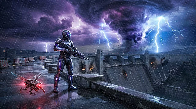 Arc Raiders : Combat sous l'orage électrique Soldat futuriste en armure néon avec fusil, drone, sur un barrage sous une tempête d'éclairs violente et pluie battante.