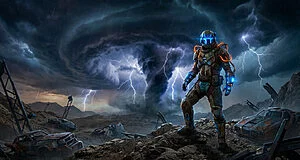 Un soldat futuriste se dresse devant une tornade déchaînée et des éclairs, dans un paysage post-apocalyptique.