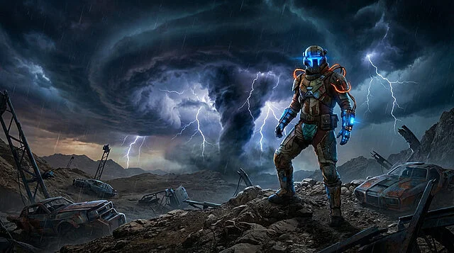 Arc Raiders : L'Ouragan Arrive Un soldat futuriste se dresse devant une tornade déchaînée et des éclairs, dans un paysage post-apocalyptique.