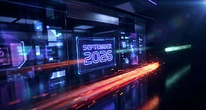 Image futuriste montrant un écran holographique bleu vibrant affichant "SEPTEMBER 2026", avec des éclairs de lumière orange et un arrière-plan numérique flou.