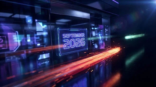 Date Wolverine : Septembre 2026 Image futuriste montrant un écran holographique bleu vibrant affichant "SEPTEMBER 2026", avec des éclairs de lumière orange et un arrière-plan numérique flou.