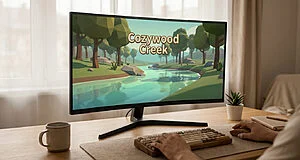 Vue arrière d'une personne devant un écran montrant une scène de rivière low-poly "Cozywood Creek". Un clavier, souris, tasse et plante sont sur le bureau en bois.