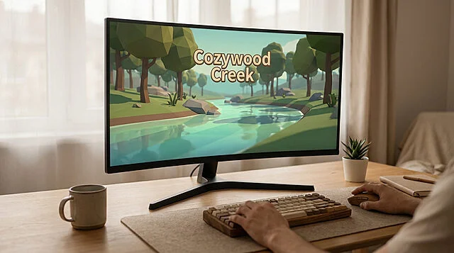 Écran Cozywood Creek : focus zen pour une meilleure concentration Vue arrière d'une personne devant un écran montrant une scène de rivière low-poly "Cozywood Creek". Un clavier, souris, tasse et plante sont sur le bureau en bois.