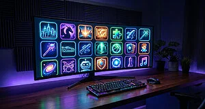 Un setup gaming avec un écran incurvé affichant de nombreuses icônes de jeux néon, clavier et souris sur un bureau en bois sombre, éclairage violet.