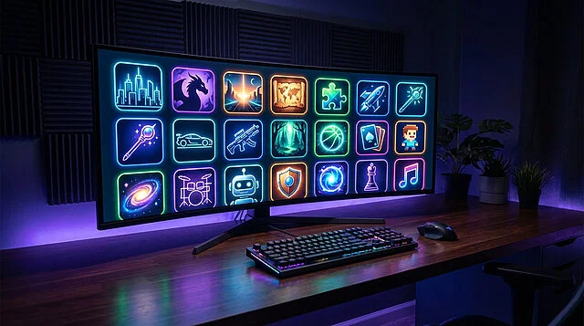 Vos jeux Prime Gaming gratuits : écran gaming immersif Un setup gaming avec un écran incurvé affichant de nombreuses icônes de jeux néon, clavier et souris sur un bureau en bois sombre, éclairage violet.