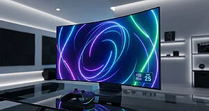 Écran de gaming incurvé affichant des graphiques néons, avec une manette lumineuse sur un bureau en verre. Date Fév 2026.