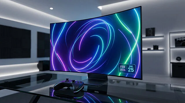 Pépites Prime Gaming Février 2026 : Votre setup idéal Écran de gaming incurvé affichant des graphiques néons, avec une manette lumineuse sur un bureau en verre. Date Fév 2026.