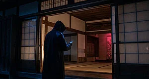 A hooded figure stands at the entrance of a traditional Japanese house, illuminated by a phone's blue glow, facing a crimson-lit interior.