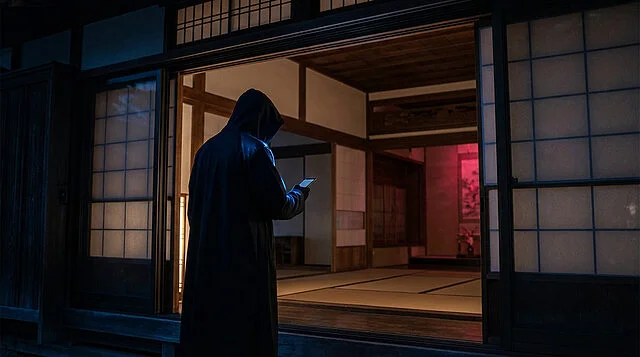 A hooded figure stands at the entrance of a traditional Japanese house, illuminated by a phone's blue glow, facing a crimson-lit interior.