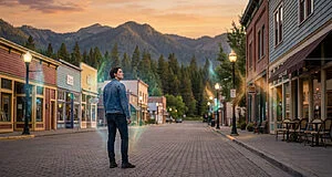Young man on a vibrant small town street at golden hour, looking into the distance. Mountains and ethereal light effects surround him.
