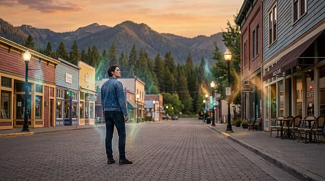 Small Town Dreams at Golden Hour Young man on a vibrant small town street at golden hour, looking into the distance. Mountains and ethereal light effects surround him.