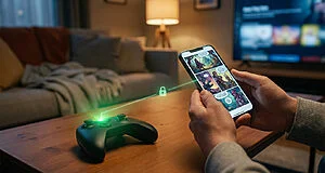 Hands hold a smartphone showing a Webtoon comic, connected by a green unlock beam to a glowing Xbox-style controller on a table in a cozy room.