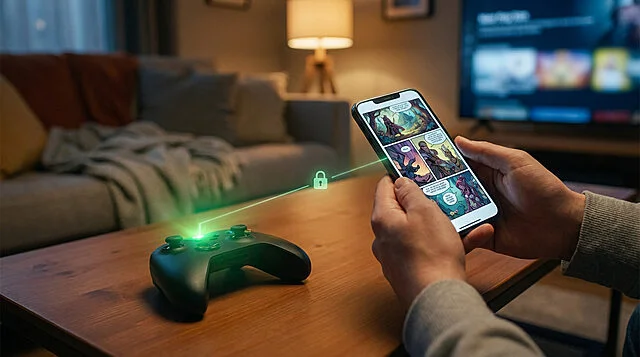 Smart Unlock: Digital Comics & Gaming Astuce Hands hold a smartphone showing a Webtoon comic, connected by a green unlock beam to a glowing Xbox-style controller on a table in a cozy room.