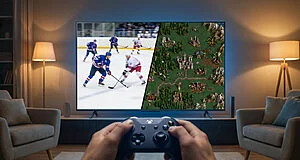 Mains tenant une manette Xbox devant une TV affichant un jeu de hockey et un jeu de stratégie fantasy dans un salon.