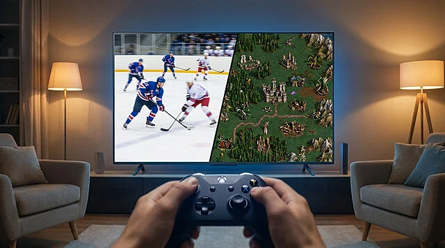 Divertissement Xbox : choix de jeux pour le week-end Mains tenant une manette Xbox devant une TV affichant un jeu de hockey et un jeu de stratégie fantasy dans un salon.