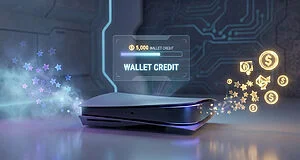 Sleek gaming console with stars transforming into golden currency symbols. A holographic UI shows '5,000 Wallet Credit'.