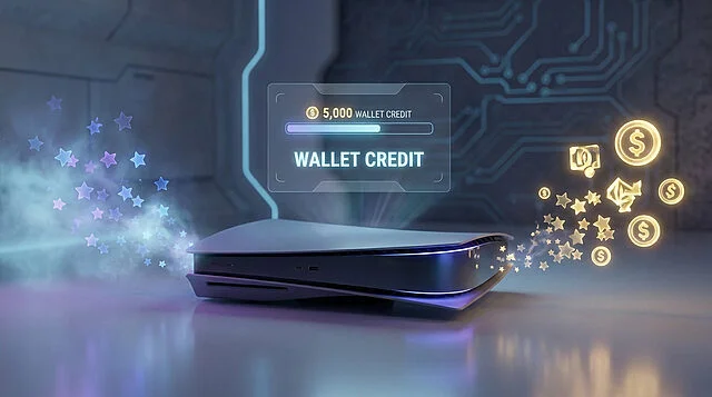 Stars to Wallet Credit: Futuristic Console Gaming Sleek gaming console with stars transforming into golden currency symbols. A holographic UI shows '5,000 Wallet Credit'.