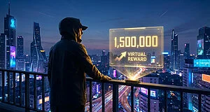 Homme encapuchonné regarde un hologramme "1 500 000 VIRTUAL REWARD" au-dessus d'une ville nocturne futuriste.