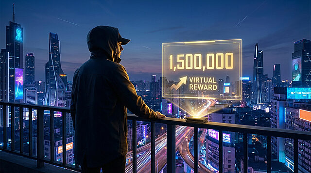 Bonus GTA Online : 1,5M$ affiché en hologramme Homme encapuchonné regarde un hologramme "1 500 000 VIRTUAL REWARD" au-dessus d'une ville nocturne futuriste.