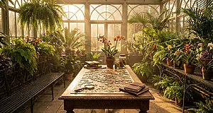 Sunlit Victorian greenhouse with lush plants, a botanical puzzle on a wooden table, books, and a magnifying glass, evoking discovery.