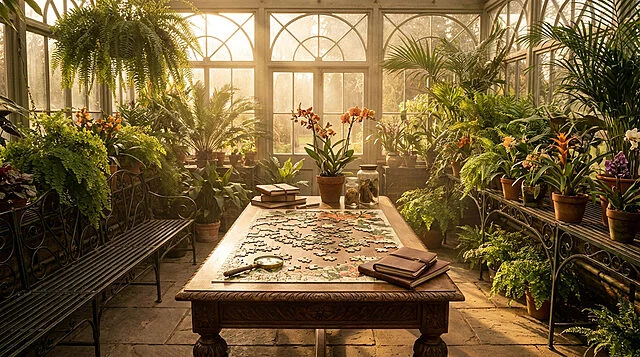 Sunlit Victorian Greenhouse Puzzle Sunlit Victorian greenhouse with lush plants, a botanical puzzle on a wooden table, books, and a magnifying glass, evoking discovery.