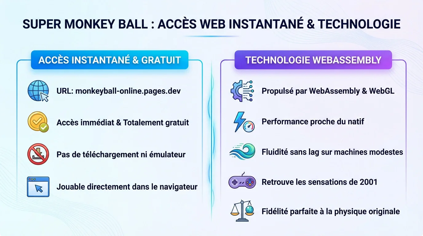 Interface du portage web de Super Monkey Ball montrant le jeu tournant dans un navigateur
