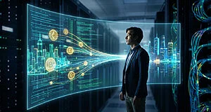 Un homme observe un écran holographique affichant des données, des symboles de cryptomonnaies et une ville numérique dans un centre de données.