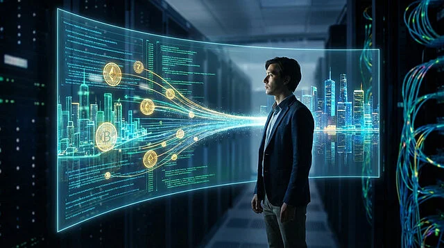 Un homme observe un écran holographique affichant des données, des symboles de cryptomonnaies et une ville numérique dans un centre de données.