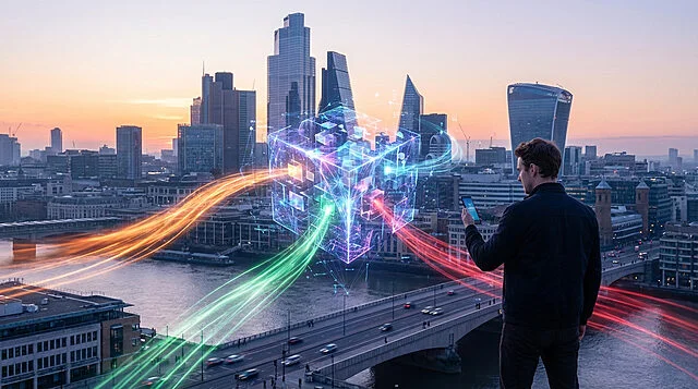 SFR : votre forfait en 2026, entre données et connectivité Vue aérienne d'une ville moderne au coucher du soleil, un homme et un cube de données lumineux symbolisent la connectivité mobile.