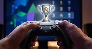 Hands hold a modern game controller, a glowing silver and gold platinum trophy icon floats above, against a vibrant, abstract digital game screen.