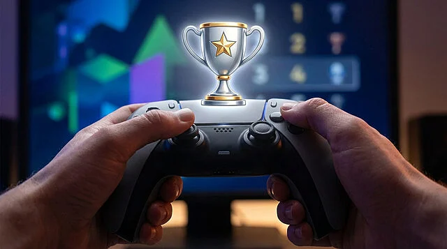 Triumphant Platinum: Gaming Achievement Unlocked Hands hold a modern game controller, a glowing silver and gold platinum trophy icon floats above, against a vibrant, abstract digital game screen.
