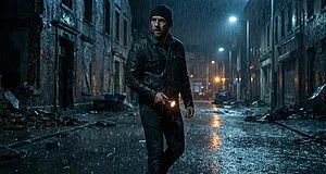 Image de Leon Kennedy (Resident Evil Requiem) en veste de cuir et bonnet, marchant sous une forte pluie dans une rue urbaine sombre avec une torche.