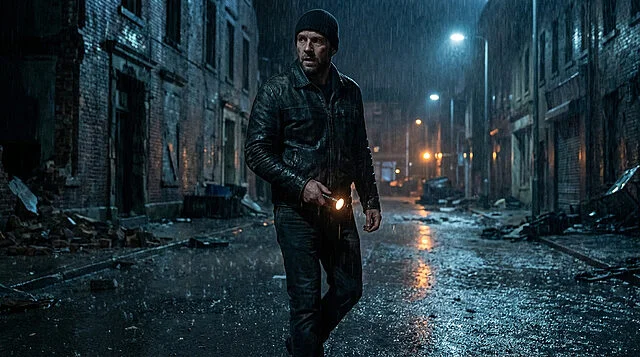 Image de Leon Kennedy (Resident Evil Requiem) en veste de cuir et bonnet, marchant sous une forte pluie dans une rue urbaine sombre avec une torche.