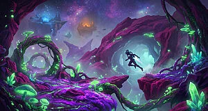 Un paisaje alienígena vibrante y psicodélico con púrpuras eléctricos y verdes neón, donde un explorador ágil salta entre flora bioluminiscente bajo un cielo estrellado.