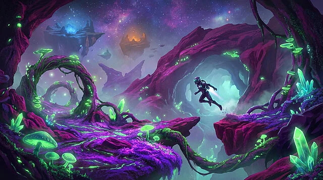 Vibrant Alien Odyssey: Explorer's Leap of Discovery Un paisaje alienígena vibrante y psicodélico con púrpuras eléctricos y verdes neón, donde un explorador ágil salta entre flora bioluminiscente bajo un cielo estrellado.