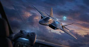 A sleek futuristic jet flies through a dramatic twilight sky with a virtual grid. A glowing game controller is in the lower left.