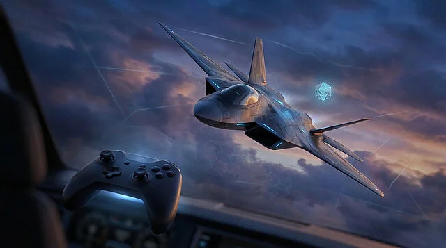 Virtual Twilight Flight: Futuristic Jet & Controller A sleek futuristic jet flies through a dramatic twilight sky with a virtual grid. A glowing game controller is in the lower left.