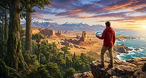 Un joueur regarde un vaste monde ouvert sur sa console, comprenant forêt, désert rocheux, montagnes et côte marine.
