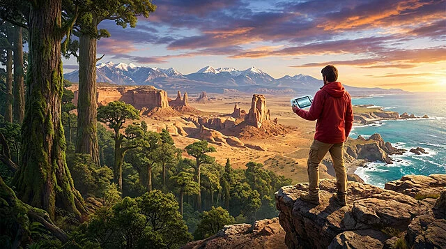Un joueur regarde un vaste monde ouvert sur sa console, comprenant forêt, désert rocheux, montagnes et côte marine.
