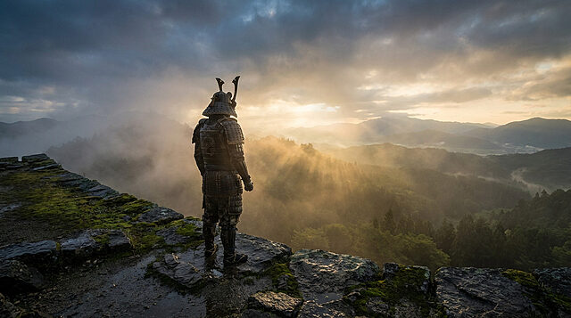 A lone armored warrior stands on a mossy stone castle rampart, gazing at a misty valley illuminated by golden sun rays at dawn.