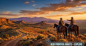 Two cowboys on horseback overlook a vast, golden-lit Western landscape with rolling hills, distant mountains, and a winding path at sunset.