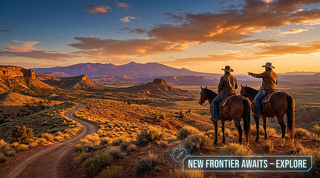 Western Frontier Sunset Two cowboys on horseback overlook a vast, golden-lit Western landscape with rolling hills, distant mountains, and a winding path at sunset.
