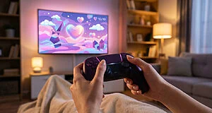 Hands holding a purple game controller, reflecting light from a TV displaying a whimsical landscape of hearts, geometric shapes, and '10/10' in a cozy room.