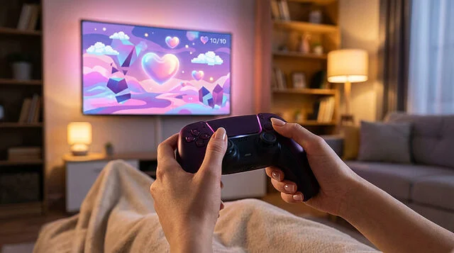 Whimsical Gaming Journey: Hearts and Colors Hands holding a purple game controller, reflecting light from a TV displaying a whimsical landscape of hearts, geometric shapes, and '10/10' in a cozy room.