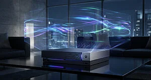 Console Xbox argentée futuriste sur table, émettant une projection holographique bleue et violette dans un salon moderne.