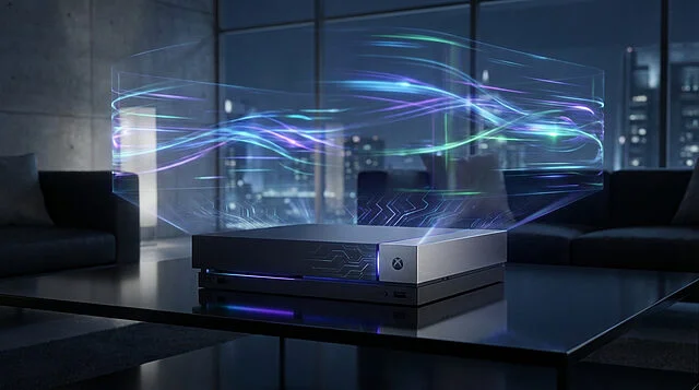 Console Xbox futuriste et affichage holographique Console Xbox argentée futuriste sur table, émettant une projection holographique bleue et violette dans un salon moderne.