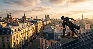L'assassin d'Assassin's Creed Unity accroupi sur une cheminée, observant Paris et Notre-Dame au coucher du soleil.