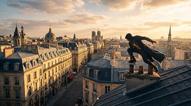 Assassin's Creed Unity : L'Assassin sur les toits de Paris L'assassin d'Assassin's Creed Unity accroupi sur une cheminée, observant Paris et Notre-Dame au coucher du soleil.