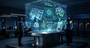 Plusieurs personnes regardent une projection holographique affichant des données financières, des modèles 3D et 4,5 milliards de dollars.